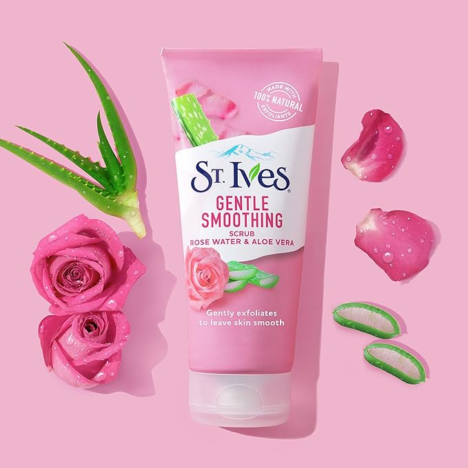St. Ives Gentle Smoothing Face Scrub Our Gentlest Scrub Yet Rose Water and Aloe Vera Made with 100 percent Natural Exfoliants, Paraben Free, Oil-Free, Dermatologist Tested 6 oz (Pack of 2)