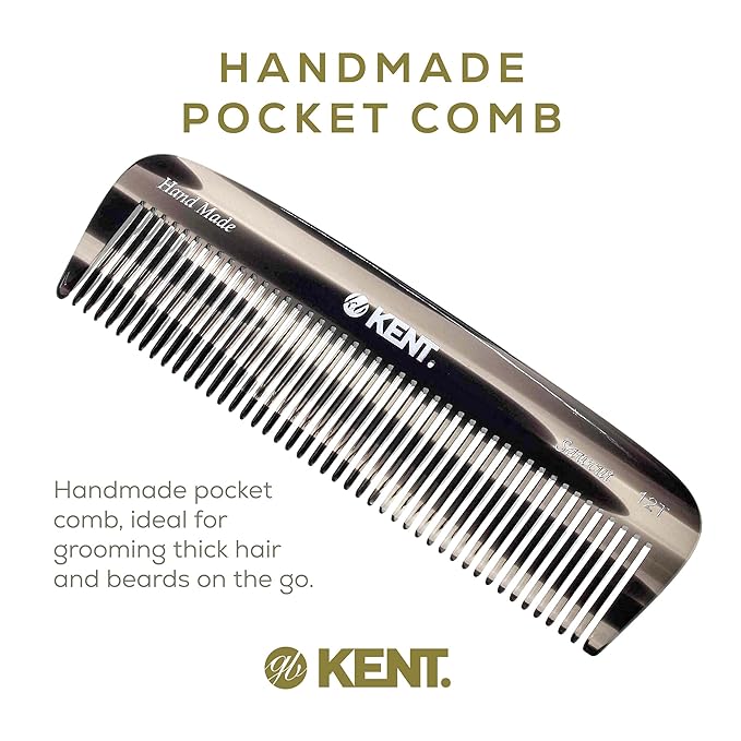 Kent 12T Graphite Wide Tooth Detangling Comb - 5.5" Handmade Pocket Comb for Thick, Curly, and Wavy Hair, Large Tooth Grooming Combs for Hair, Beard, and Mustache - Saw-Cut and Hand Polished