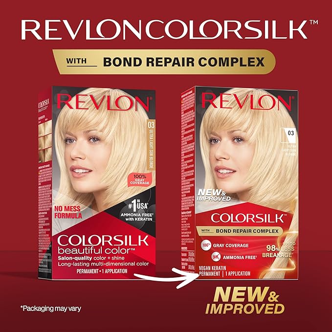 Revlon ColorSilk with Bond Repair Complex, Blonde Permanent Hair Color, 100% Gray Coverage, Ammonia Free Hair Dye, Vegan Keratin, 03 Ultra Light Sun Blonde (Pack of 3)