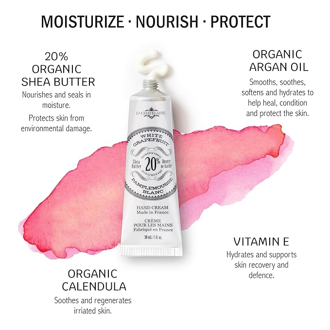 La Chatelaine 20% Shea Butter Hand Cream Travel Size, Organic Argan Oil, Moisturizing, Nourishing, Repairing, Extra-Rich Hand Lotion, Made in France, Paraben Free, 1 oz / 30ml (White Grapefruit)