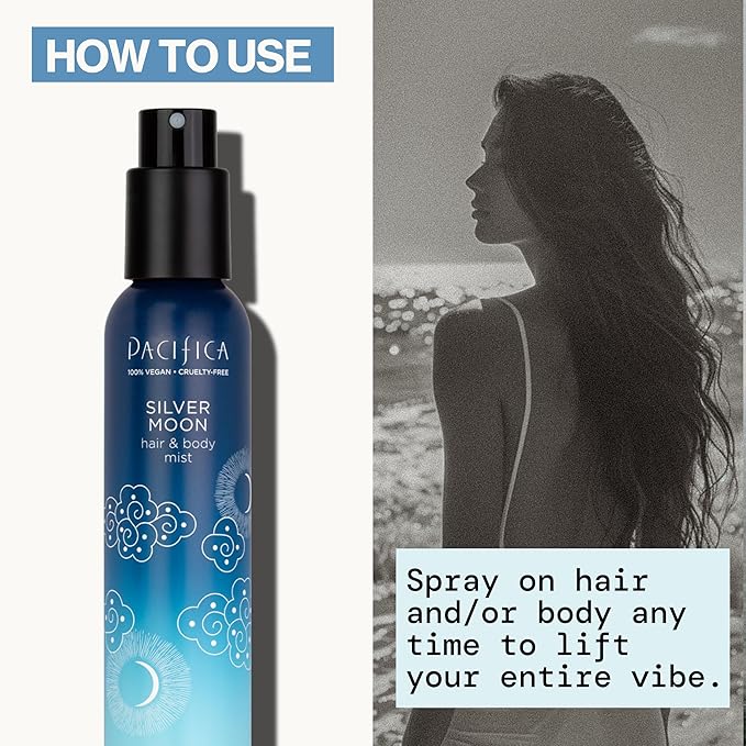 Pacifica Silver Moon Hair Mist Perfume & Full Body Spray for Women - Body Mist Fragrance w/BTonka, Santal, Cardamom, Vanilla Bean, Musk & Amber – Clean Beauty Alcohol-Free, Vegan & Cruelty-Free, 5 oz