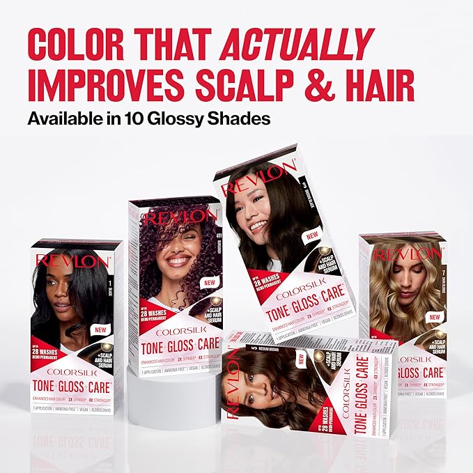 Revlon ColorSilk Tone + Gloss + Care Demi Permanent Hair Color, Dye Kit with Leave-In Scalp and Haircare Serum, 2x Shinier, 4x Stronger, 6 Light Brown, 4.5 fl oz
