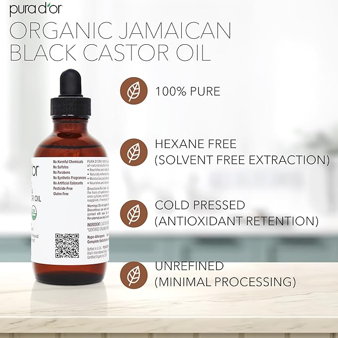 PURA D'OR 4 Oz ORGANIC Jamaican Black Castor Oil - Natural Smoky Scent - 100% Pure USDA Certified Cold Pressed, Hexane Free Eyelash & Eyebrow Serum - For Fuller, Thicker Lashes & Brows - Skin & Hair