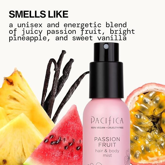 Pacifica Hair Mist Perfume & Full Body Spray for Women - Passion Fruit Body Mist Fragrance w/Pineapple, Orange Blossom, Vanilla, Sandalwood & Bergamot – Alcohol-Free, Vegan & Cruelty-Free, 5 oz