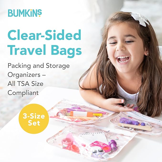 Bumkins Disney Travel Bag, Toiletry, TSA Approved Pouch, Zip Bag, Quart Size Airline Compliant, Clear-Sided, Baby, Diaper Bag Organization, Accessories, Packing, Set of 3 Sizes, Princess Magic Pink