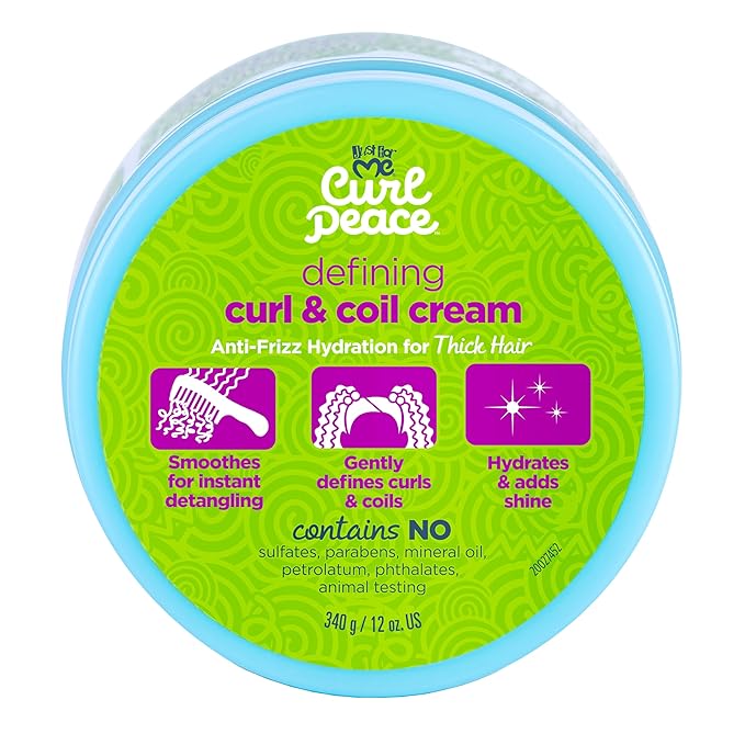 Just For Me Curl Peace Defining Curl & Coil Cream - Holds & Hydrates, Contains Flaxseed, Avocado Oil & Black Castor Oil, No Animal Testing, 12 oz