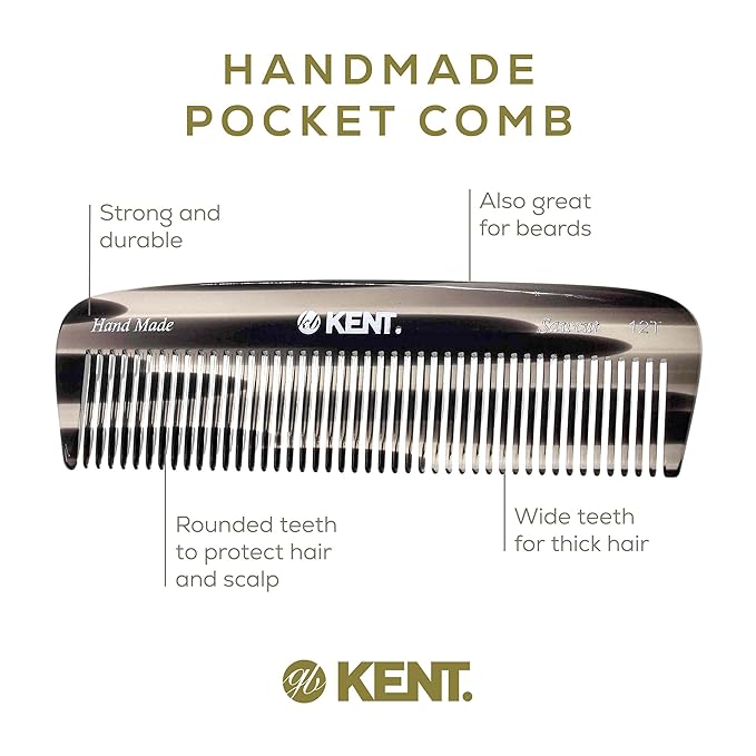 Kent 12T G Wide Tooth Detangling and Grooming Comb - Handmade Pocket Comb for Thick, Curly, Wavy Hair - Large Tooth Hair Detangler for Beard and Mustache - Saw-Cut and Hand Polished