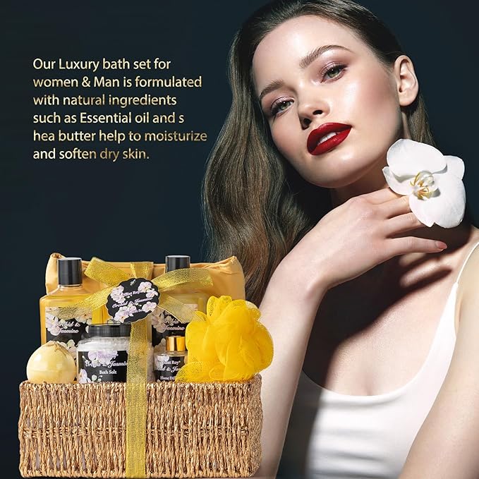 Mother's Day Gift for Mom Bath and Body Gift Basket Orchid & Jasmine Spa Gift Baskets for Women Fragrant Body Lotions, Bath Bomb, Home Spa Gift Basket Rich in Jojoba oil & Shea Butter, Bath Kit Sets