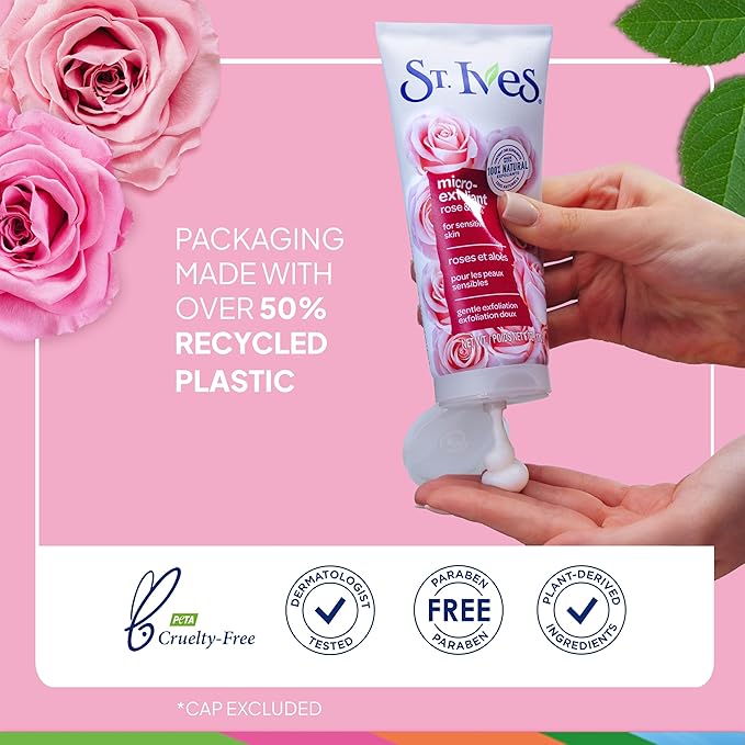 St. Ives Gentle Smoothing Face Scrub Our Gentlest Scrub Yet Rose Water and Aloe Vera Made with 100 percent Natural Exfoliants, Paraben Free, Oil-Free, Dermatologist Tested 6 oz