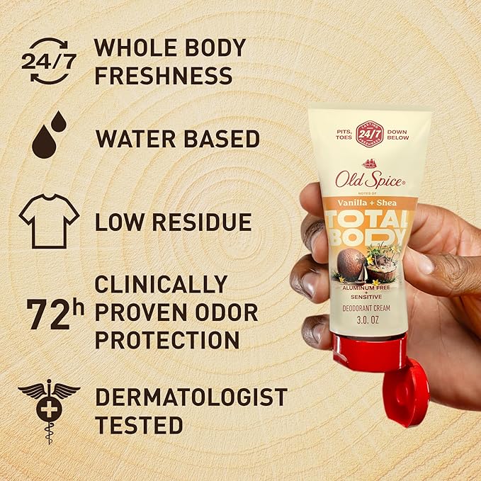 Old Spice Whole Body Deodorant for Men, Total Body Deodorant, Vanilla + Shea, Aluminum Free Deodorant Cream for 24/7 Freshness // Dermatologist Tested Whole Body Deodorant, 3.0 oz