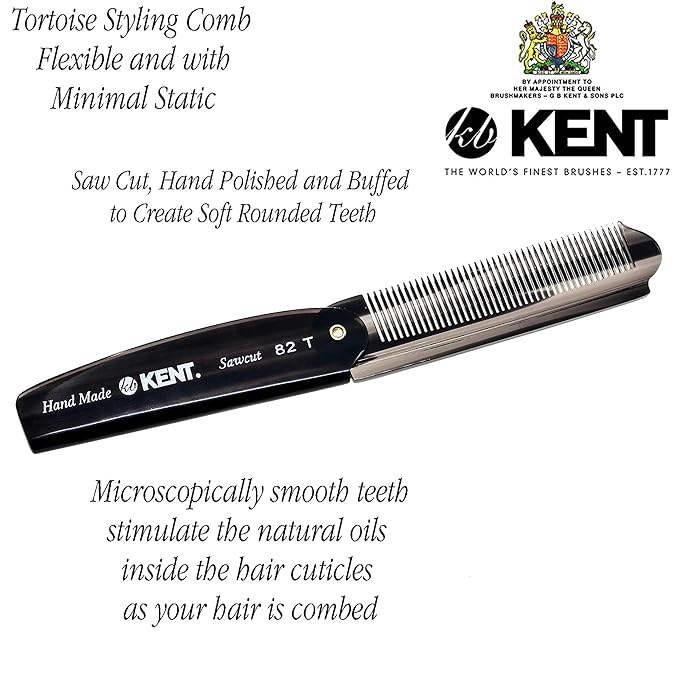 Kent 82T Handmade Folding Pocket Comb for Men, Fine Tooth Hair Comb Straightener for Everyday Grooming Styling Hair, Beard or Mustache, Use Dry or with Balms, Saw Cut Hand Polished, Made in England