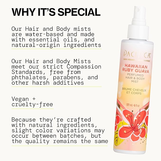 Pacifica Hawaiian Ruby Guava Hair Perfume & Body Fragrance Spray Mist - Body Mist Fragrance w/ Grapefruit, Patchouli, Sugar Notes & Geranium Clean Beauty Alcohol-Free, Vegan & Cruelty-Free, 6 oz