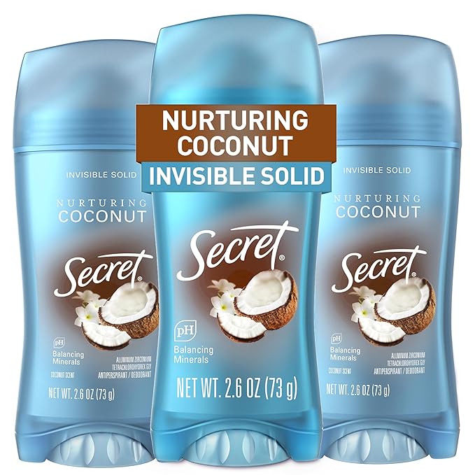 Secret Fresh Antiperspirant Deodorant for Women, 72hr Breathable Sweat & Odor Protection, Instant Freshness & Gentle, PH Balancing Mineral, Invisible Solid, Nurturing Coconut Scent, 2.6 oz (Pack of 3)