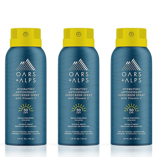 Oars + Alps Travel Sunscreen Spray for Face & Body, SPF 50 Spray Sunscreen Infused with Vitamin C & Antioxidants, No White Residue, Water & Sweat Resistant, Lightweight, Hydrating, 1.87oz, 3pk
