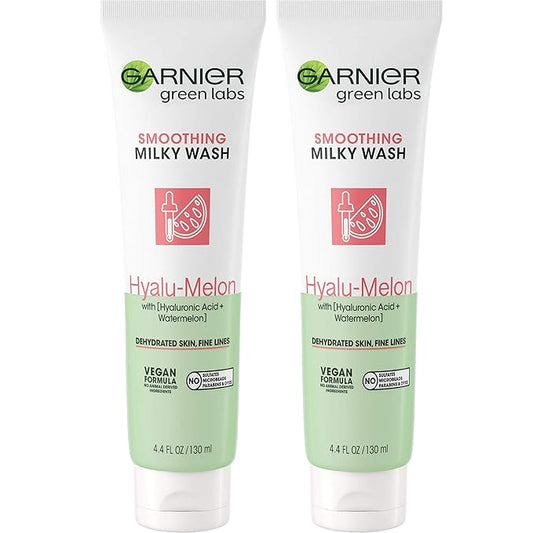 Garnier SkinActive Green Labs Hyalu-Melon Smoothing Milky Washable Cleanser with Hyaluronic Acid + Watermelon for Dehydrated Skin, Fine Lines, 2 Count (Packaging May Vary)