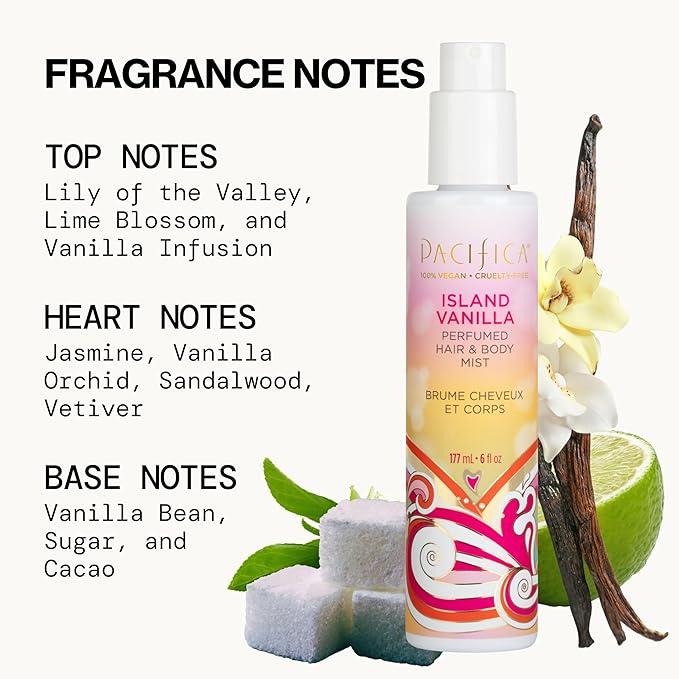 Pacifica Island Vanilla Hair Mist Perfume and Full Body Spray for Women - Fragrance Spray for A Mood-Lifting Experience, Paraben-Free, Clean Beauty No Alcohol, Vegan & Cruelty-Free, 6 oz oz