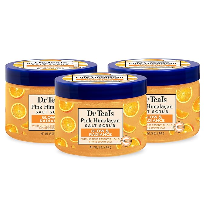 Dr Teal's Pink Himalayan Salt Body Scrub, Glow & Radiance with Pure Epsom Salt & Citrus Essential Oils 16 oz (Pack of 3)