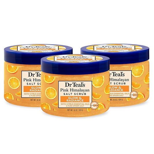 Dr Teal's Pink Himalayan Salt Body Scrub, Glow & Radiance with Pure Epsom Salt & Citrus Essential Oils 16 oz (Pack of 3)