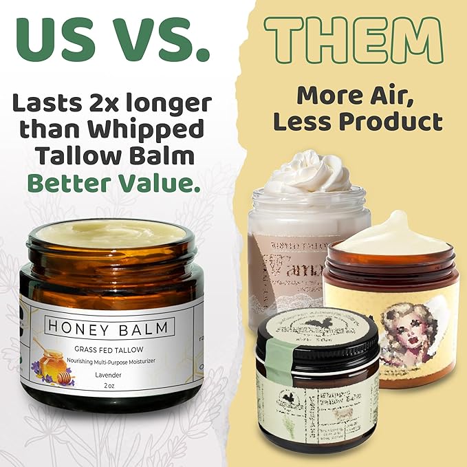 Tallow and Honey Balm, Organic Body Butter, Grass-Fed Beef Tallow for Skin, Soothing All-Natural Moisturizer for Body and Face | Made in USA - 2 oz (Sandalwood Vanilla)