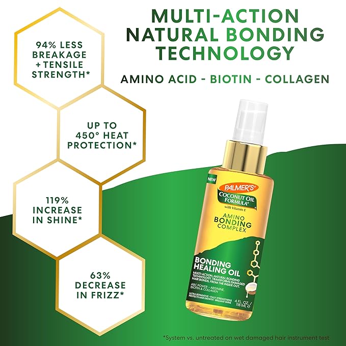 Palmer's Amino Bonding Complex Hair Oil, Healing Treatment with Coconut Oil & Vitamin E, Heat Protectant, Anti Frizz, Adds Shine, Strengthens & Protects Hair Growth, All Hair Types, 4 fl oz