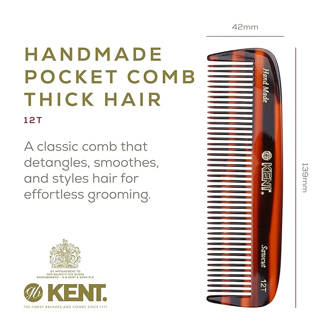 Kent 12T Wide Tooth Detangling Comb - 5.5" Handmade Pocket Comb for Thick, Curly, and Wavy Hair, Large Tooth Grooming Comb for Hair, Beard, and Mustache - Saw-Cut and Hand Polished