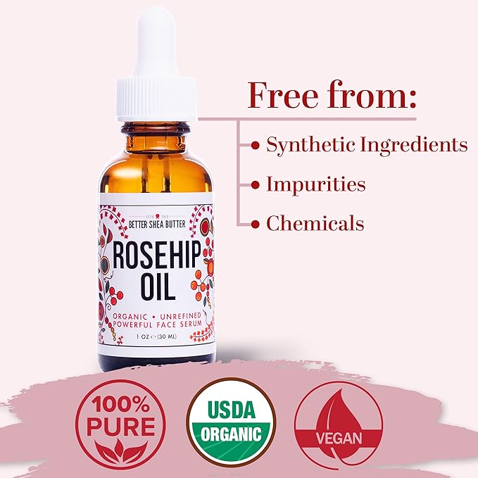 Better Shea Butter Organic Rosehip Oil | Rose hip oil for Face | Face Oil for Gua Sha Massage | Cold Pressed, 100% Pure | 1 oz