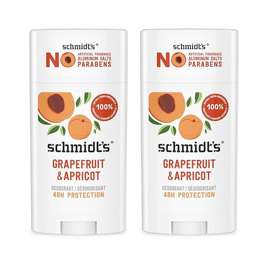 Schmidt's Aluminum-Free Vegan Deodorant Grapefruit & Apricot with 24-Hour Odor Protection, 2 Count for Women and Men, Natural Ingredients, Cruelty-Free 2.65 oz