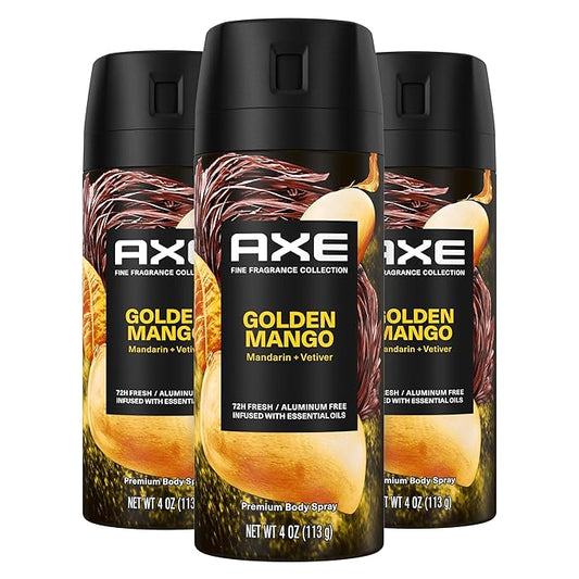 AXE Fine Fragrance Collection Premium Deodorant Body Spray for Men Golden Mango 3 Count With 72H Odor Protection and Freshness Infused with Mango, Mandarin, and Vetiver Essential Oils 4 oz