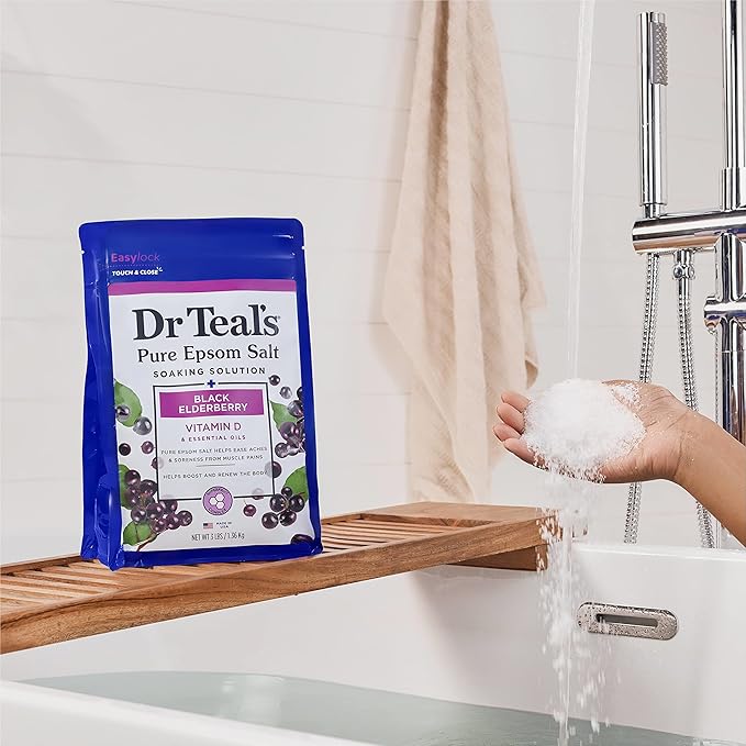 Dr Teal's Epsom Salt Magnesium Soak, Black Elderberry with Vitamin D, 3 lbs (Pack of 4)