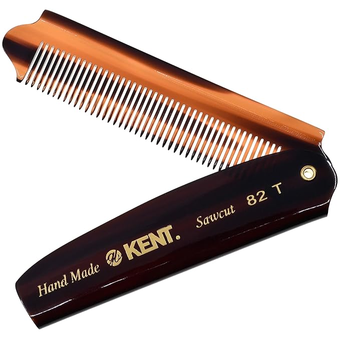 Kent 82T Handmade Folding Pocket Comb for Men, Fine Tooth Hair Comb Straightener for Everyday Grooming Styling Hair, Beard or Mustache, Use Dry or with Balms, Saw Cut Hand Polished, Made in England
