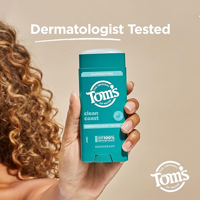 Tom's of Maine Clean Coast Aluminum Free Natural Deodorant For Women & Men | Goes on Clear | Odor & Wetness Protection | Naturally Derived and Moisture-Locking Ingredients | 3.25 oz (2 Pack)