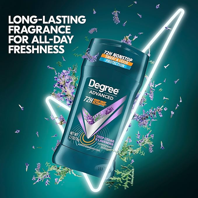 Degree Men Antiperspirant Deodorant Stick Deep Cedar & Lavender 4 Count 72-Hour Sweat and Odor Protection Deodorant for Men With Body Heat Activated Technology 2.7 oz