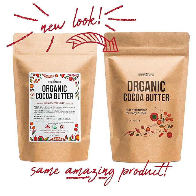 Organic Cocoa Butter Raw Unrefined, Food Grade USDA Certified Organic, for Scars, Stretch Marks Cream, Body Butter, Lip Balm and Lotion Bars, 100% Pure 1 lb Block