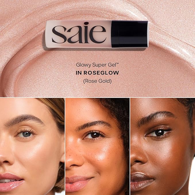 Saie SaieGlow Starter Kit - Hydrating + Highlighting Makeup Kit with Glowy Super Gel in Roseglow, Dew Blush in Baby, and Glossybounce Lip Gloss in Play (3 Count)