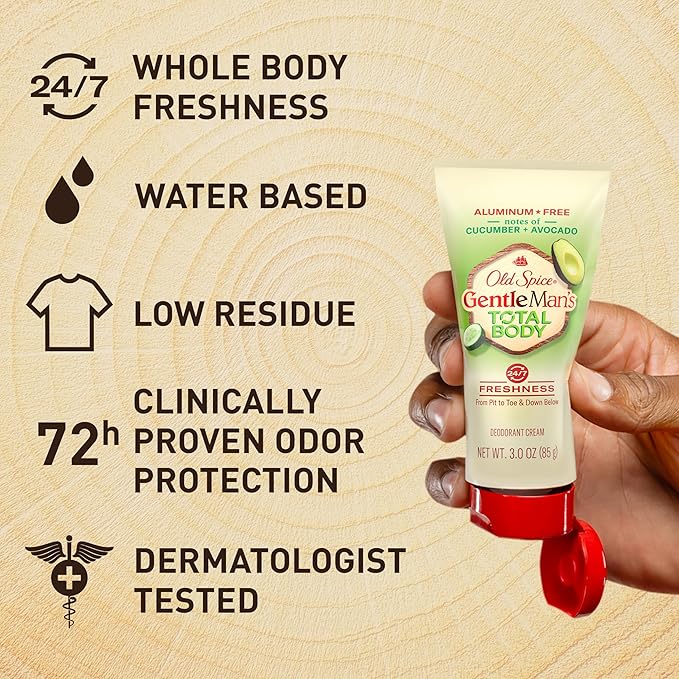 Old Spice Whole Body Deodorant for Men, Total Body Deodorant, Cucumber + Avocado, Aluminum Free Deodorant Cream for 24/7 Freshness // Dermatologist Tested Whole Body Deodorant, 3.0 oz