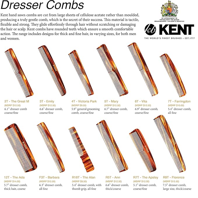 Kent 12T Wide Tooth Detangling Comb - 5.5" Handmade Pocket Comb for Thick, Curly, and Wavy Hair, Large Tooth Grooming Comb for Hair, Beard, and Mustache - Saw-Cut and Hand Polished